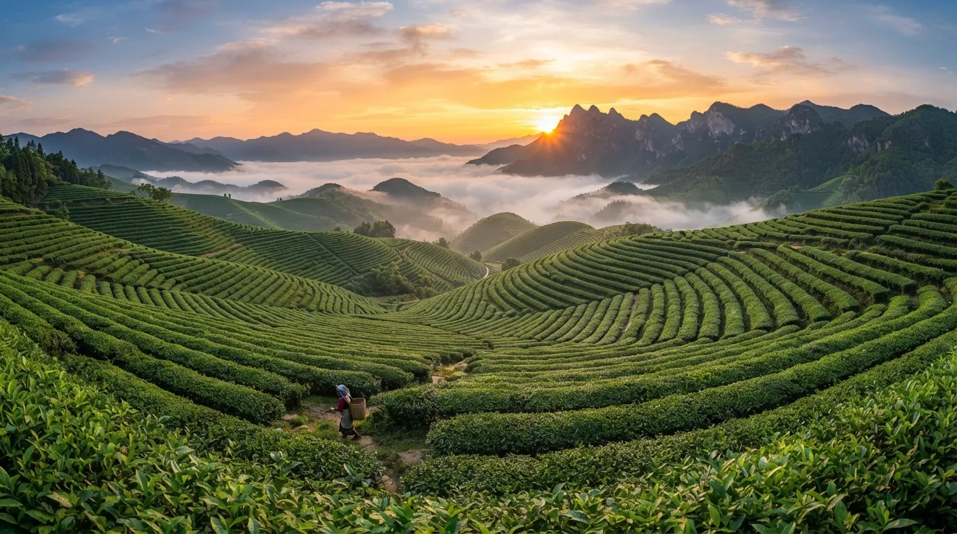 Endless rows of rolling green tea plantation hills glowing under a majestic orange morning sunrise.