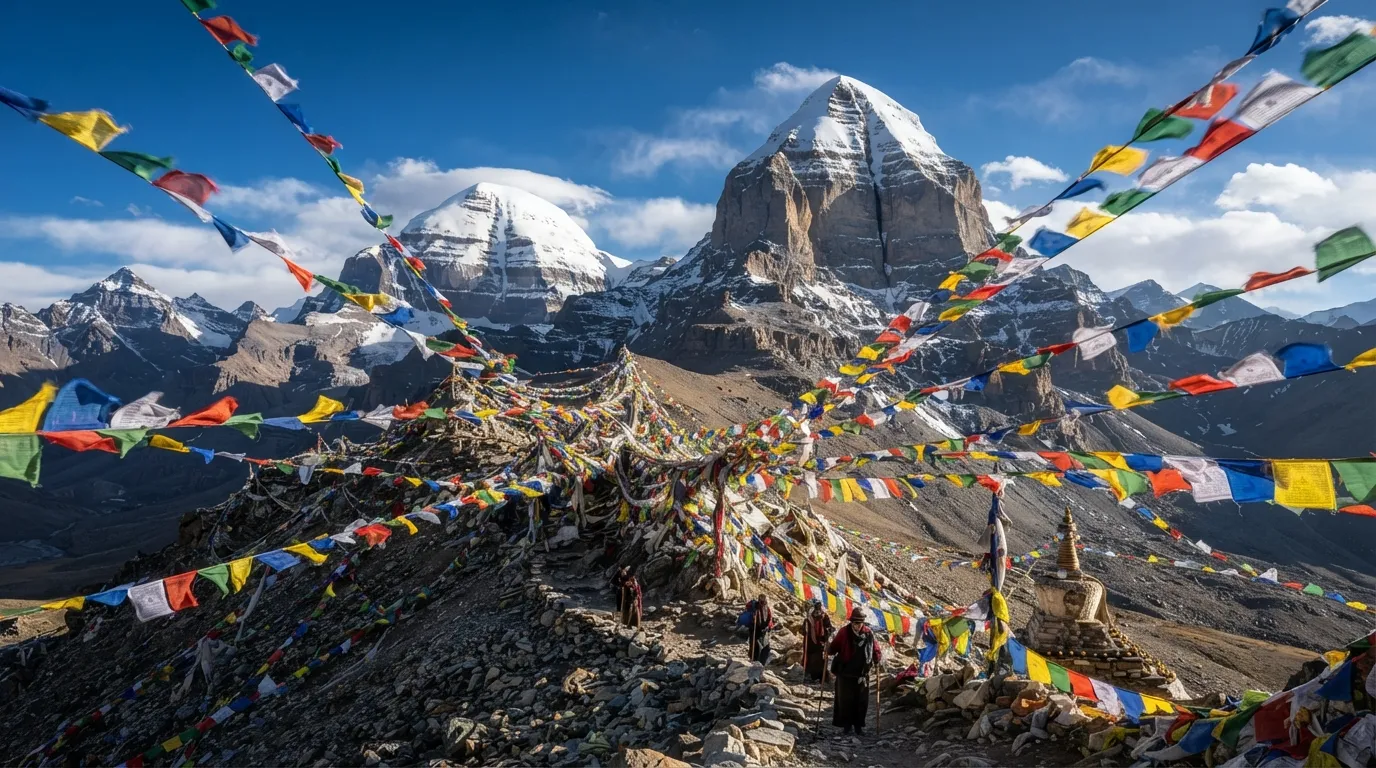 A colorful array of prayer flags fluttering gently near Shivling and Mount Kailash.