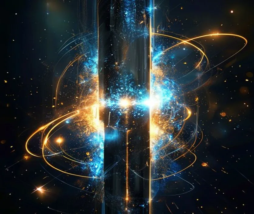 A glowing energetic representation of a Shivling surrounded by orbiting atomic particles and energy waves.