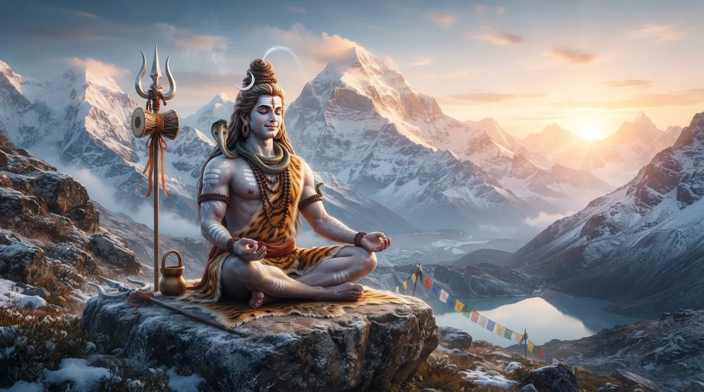 A peaceful wallpaper photo Bholenath, showing Lord Shiva meditating in the snow-capped mountains.