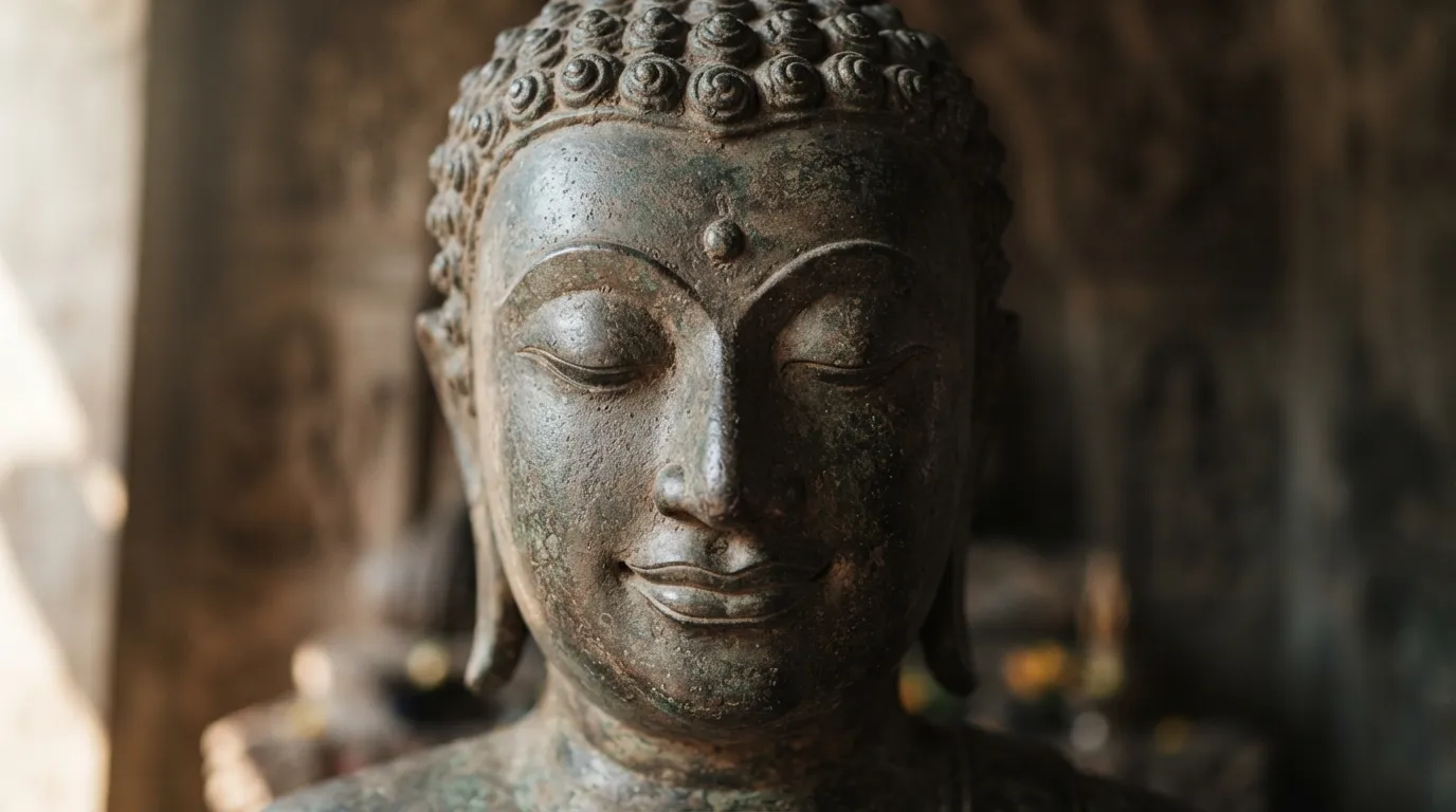 An extreme close-up of a meditating Buddha statue's face showing serene expression.