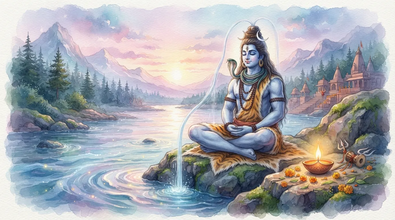 Peaceful Lord Shiva meditating next to a flowing river at twilight, calm Mahadev wallpaper HD 4K phone.