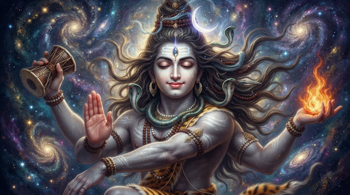 Meditative and calm facial expression of Lord Nataraja Shiva during cosmic dance