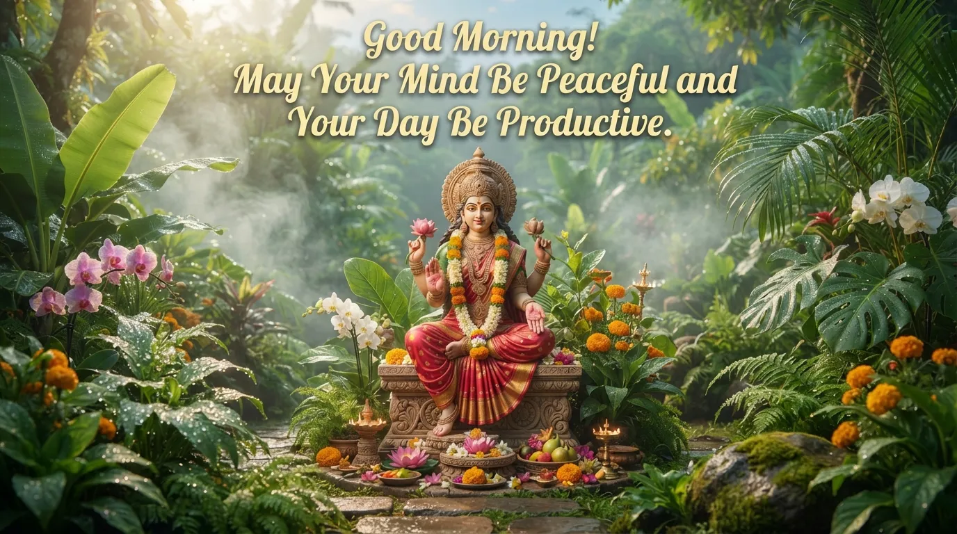 Goddess Laxmi artwork surrounded by green trees and morning dew flowers