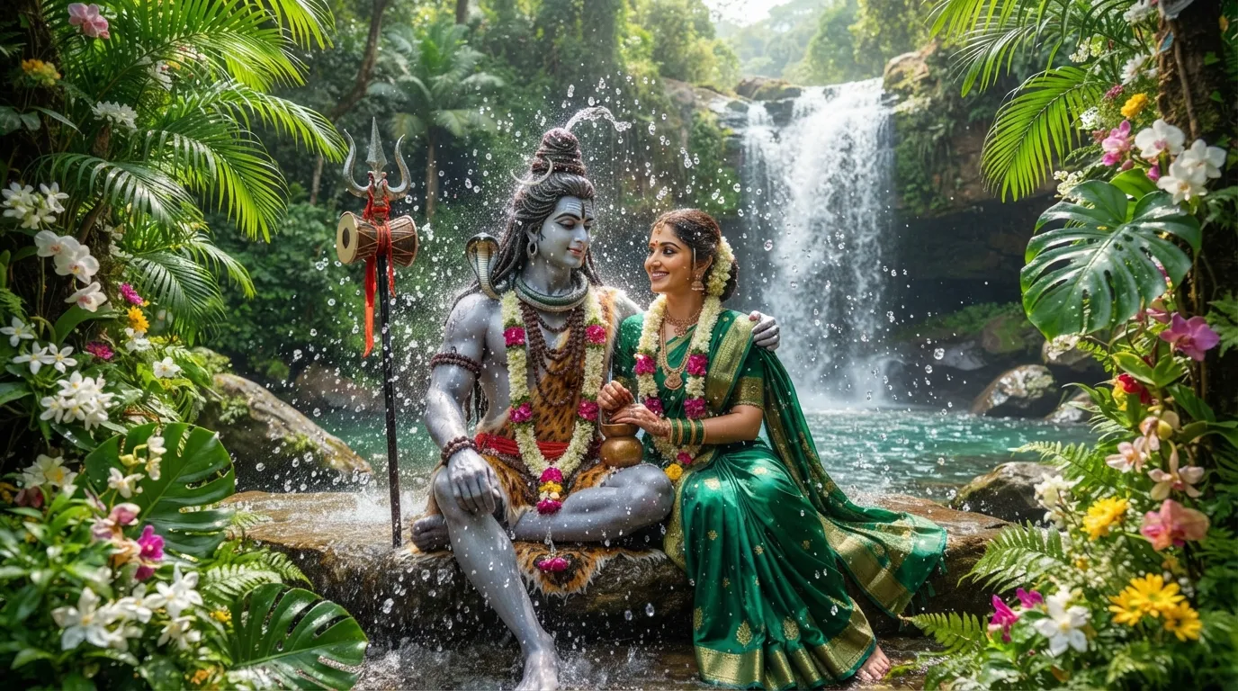 Beautiful water splash and green forest artwork of Lord Shiva and Parvati for DP.