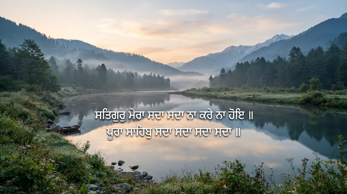 A peaceful river bank at dawn with calm waters and Gurbani shabad.