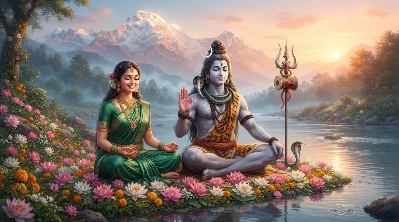 A beautiful painting of Lord Shiva and Goddess Parvati sitting in peaceful meditation surrounded by nature.