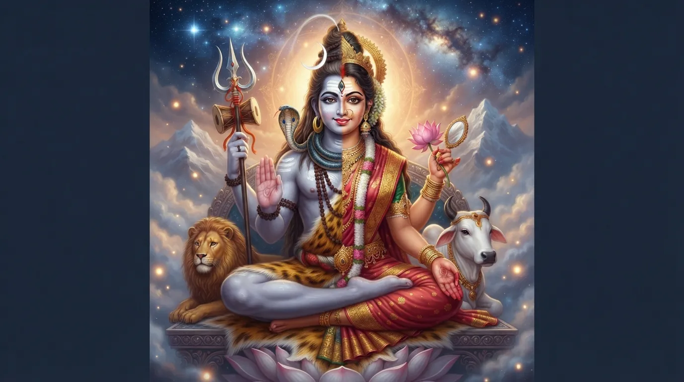Lord Shiva in his Ardhanarishvara form, symbolizing the union of male and female energies.