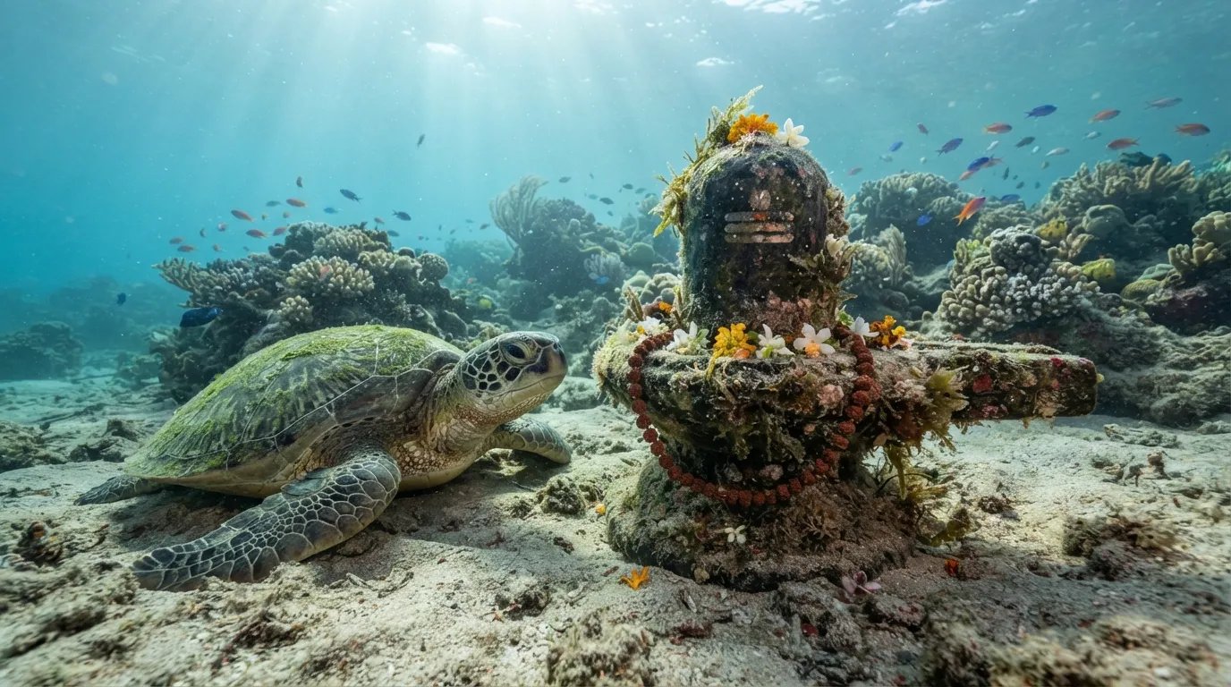 Shivling on a Rocky Ledge with a Sea Turtle Swimming nearby