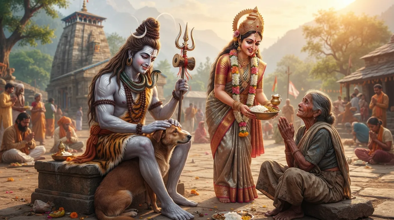 Shiv Parvati dp real, showing them helping and offering blessings to animals and devotees with compassion.