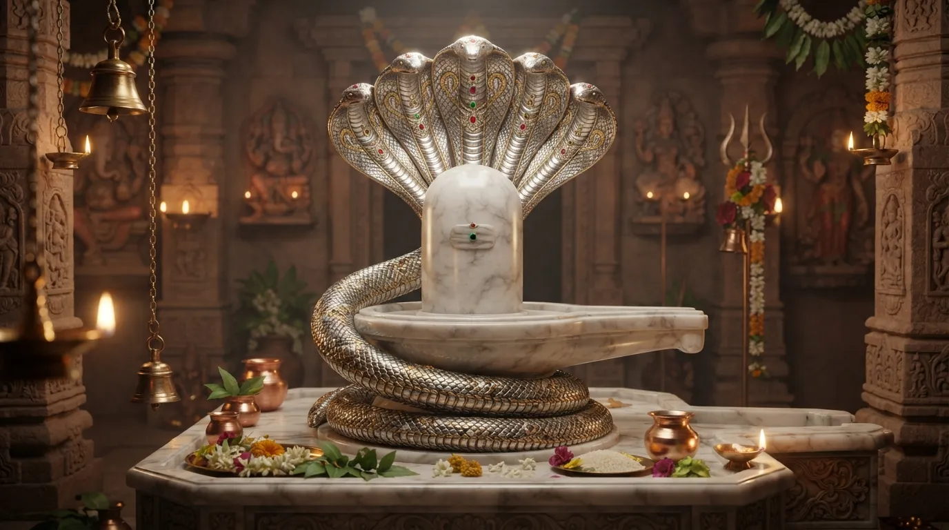 Metallic 3D shivling graphic image HD shielded by a multi-headed serpent canopy.