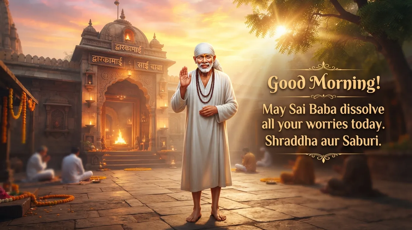 Sai Baba morning image with beautiful sunrise backdrop and inspirational quote