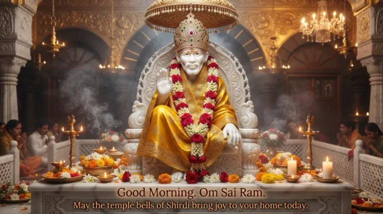 Real marble statue of Sai Baba in Shirdi with morning decorations