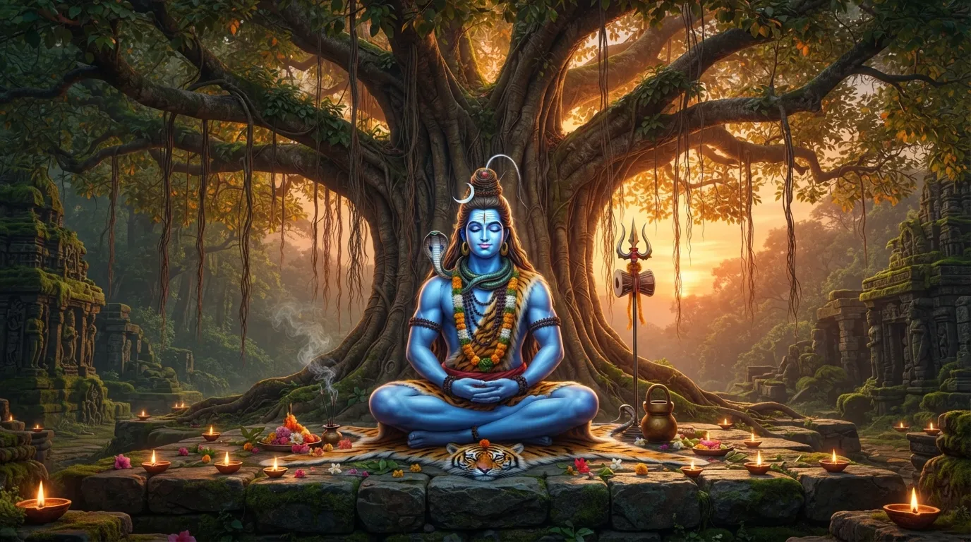 Lord Shiv Bholenath meditating peacefully under a giant ancient Banyan tree HD image