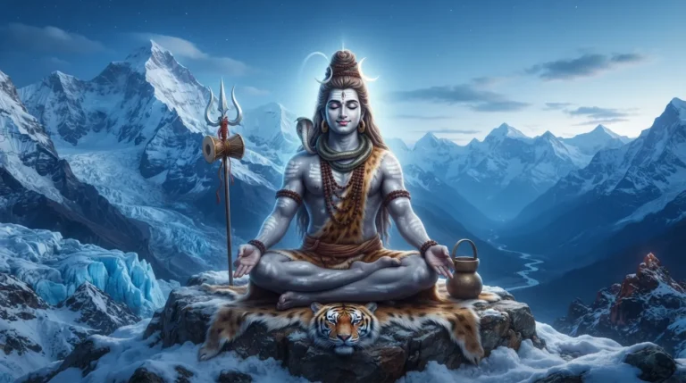 Shiv Ji performing deep meditation amidst the snow-capped Himalayan peaks.