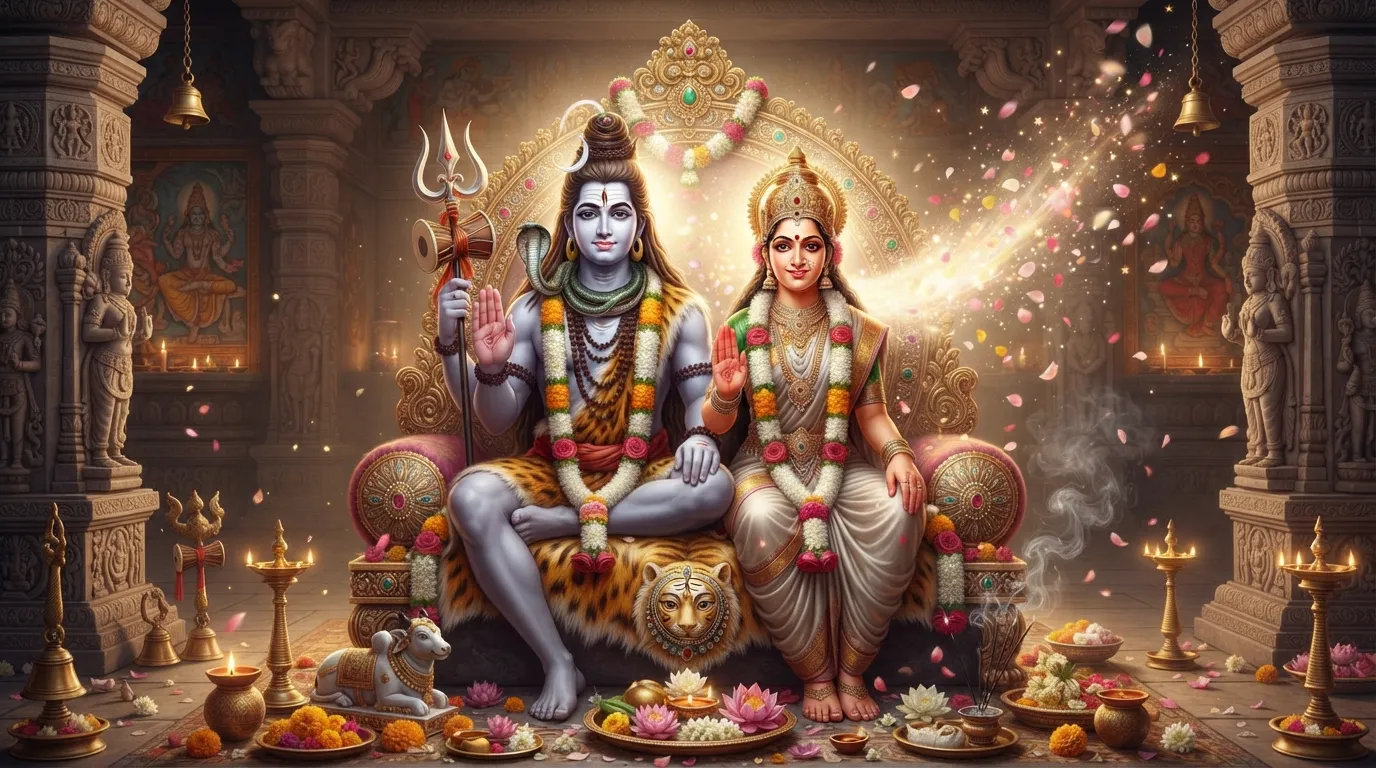 Beautiful image of Lord Shiva and Goddess Parvati in benevolent poses, raising their hands in gestures of blessing (mudras).