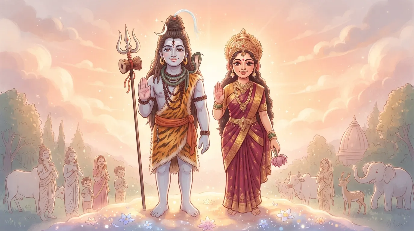 A gentle cartoon representation of Lord Shiva and Goddess Parvati standing together, both raising their right hands in the Abhaya Mudra, granting blessings of fearlessness.