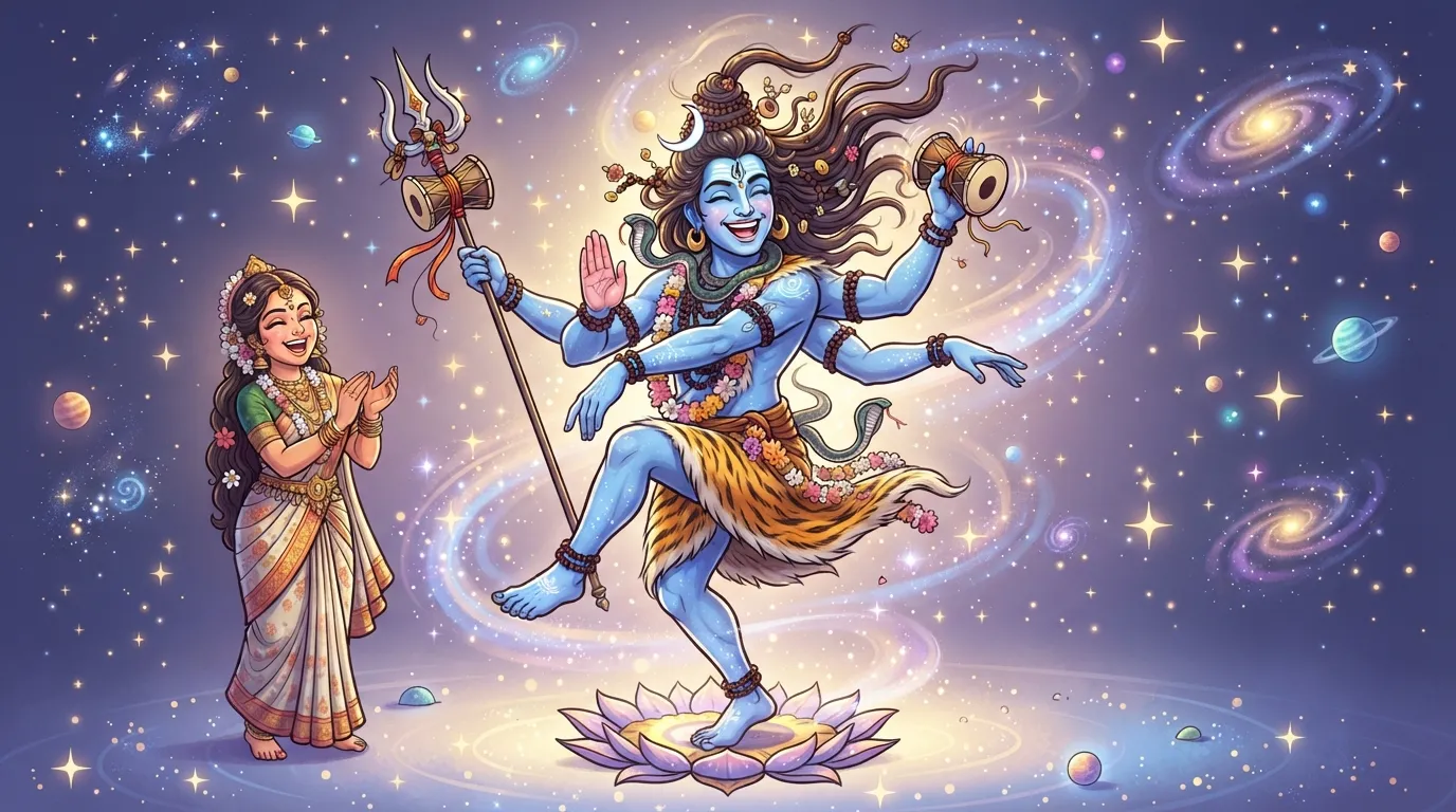 A dynamic cartoon image of Lord Shiva performing the cosmic dance, with Goddess Parvati watching joyfully from the side. Shiva is depicted in a playful, energetic pose with a joyful expression, against a starry background.