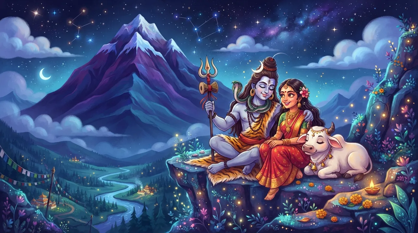 A powerful and protective cartoon image of Lord Shiva and Goddess Parvati shielding a small, delicate sacred flame (diya) together from a strong wind.