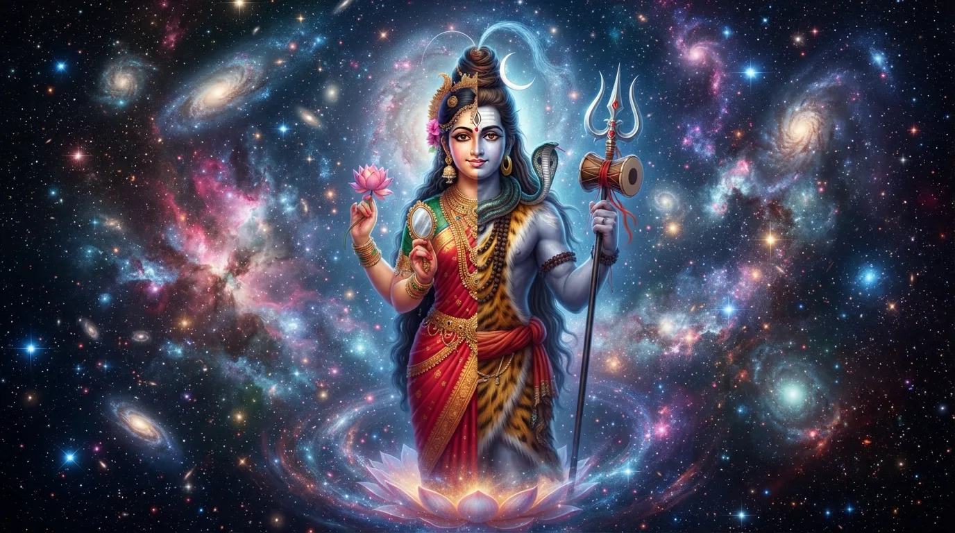 A vibrant image of Shiv and Parvati in a cosmic setting, representing their universal presence. They are depicted as two halves of a single entity, with one side representing Shiv and the other representing Parvati.