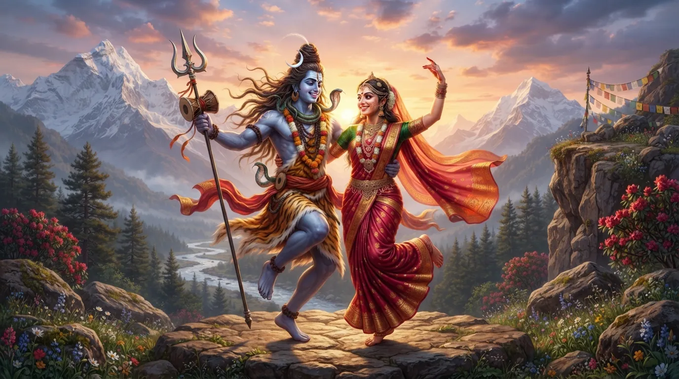 A dynamic image capturing Shiv and Parvati dancing, representing the cosmic energy of creation and destruction. The image is full of energy and movement, with Shiv and Parvati depicted in flowing robes.