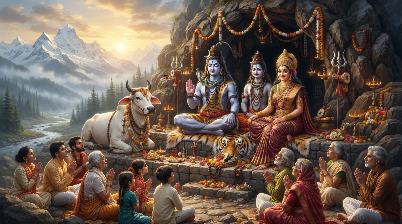 Lord Shiva and Parvati giving blessings during Shravan month