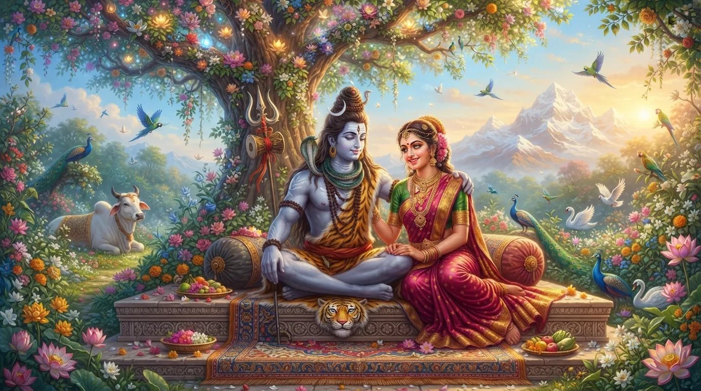 A loving and serene 4K wallpaper of Mahadev and Parvati sitting together in a lush garden setting.
