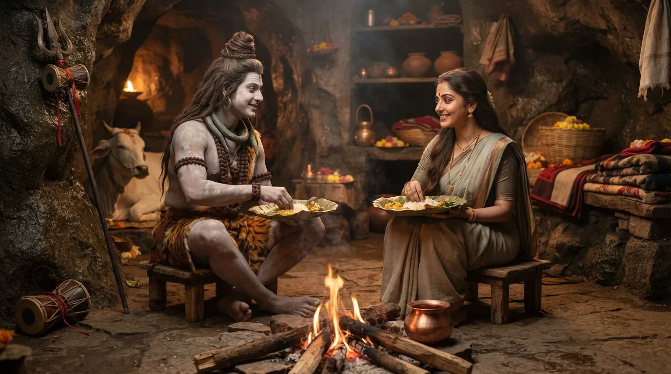 A heartwarming image of Lord Shiva and Goddess Parvati sharing a simple meal, emphasizing the beauty of simple living.