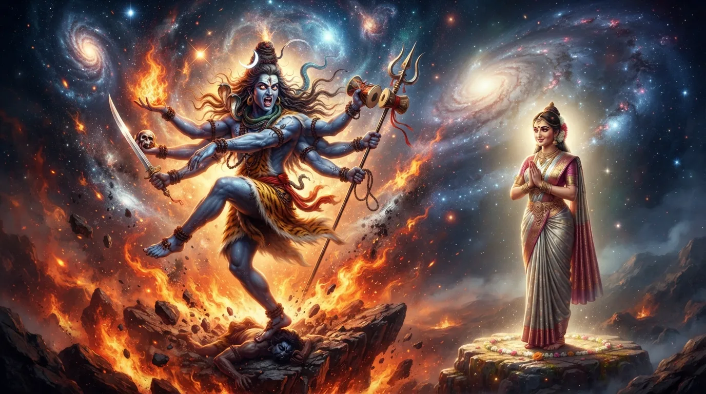 Powerful image of Lord Shiva performing Tandava dance while Goddess Parvati watches calmly, symbolizing cosmic cycles.