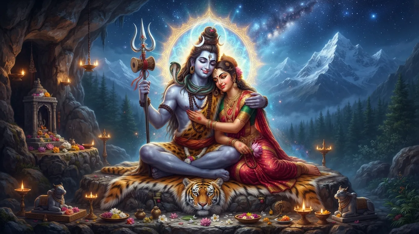 A symbolic depiction of Shiva and Parvati in an eternal embrace after their wedding.