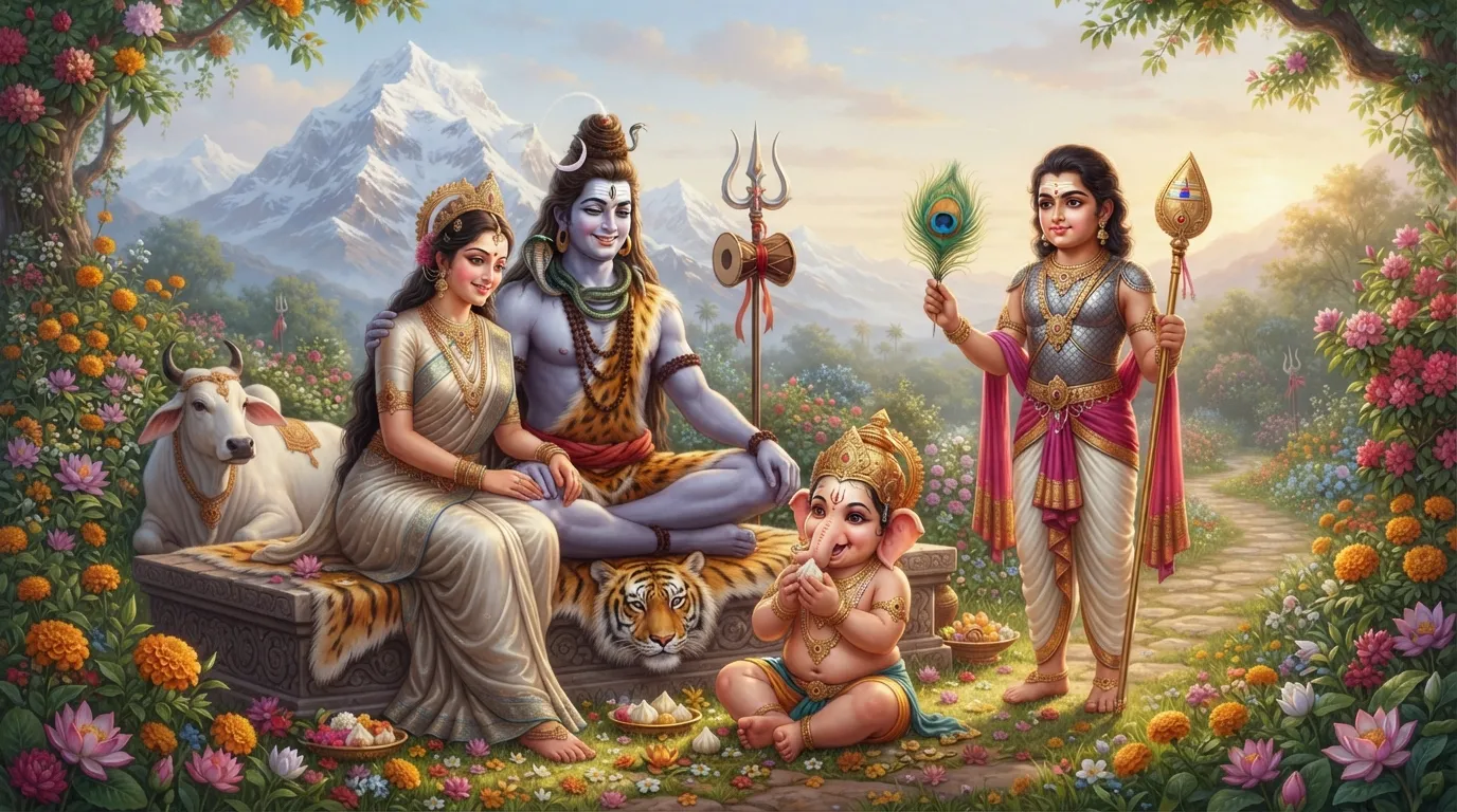 A heartwarming family portrait featuring Lord Shiva, Goddess Parvati, Lord Ganesha, and Lord Kartikeya on Mount Kailash.