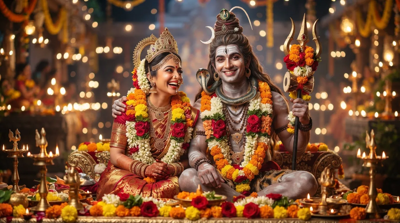Colorful, festival-style image of Shiv Parvati for DP