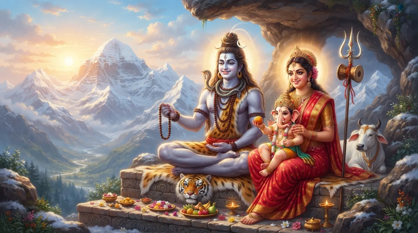 Lord Shiva Goddess Parvati and Bal Ganesha sitting together on Mount Kailash in full HD wallpaper.