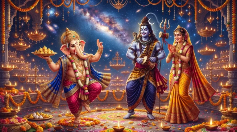 Colorful full HD image of Shiva Parvati and Ganesha celebrating festival.