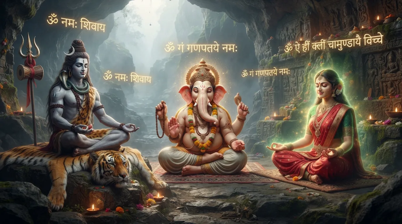Shiv Parvati Ganesh sitting in deep meditation full HD desktop background.