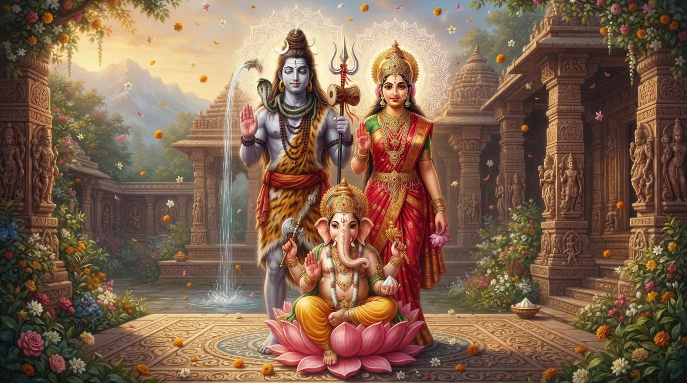 Shiv Parvati Ganesh full HD image giving blessings to devotees with beautiful background.