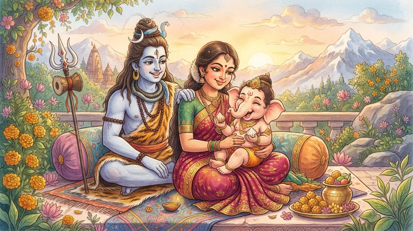 A warm and cheerful cartoon illustration of the ideal divine family: Lord Shiva, Goddess Parvati, and a cute baby Ganesha. Ganesha is in Parvati's lap, and Shiva is smiling warmly.