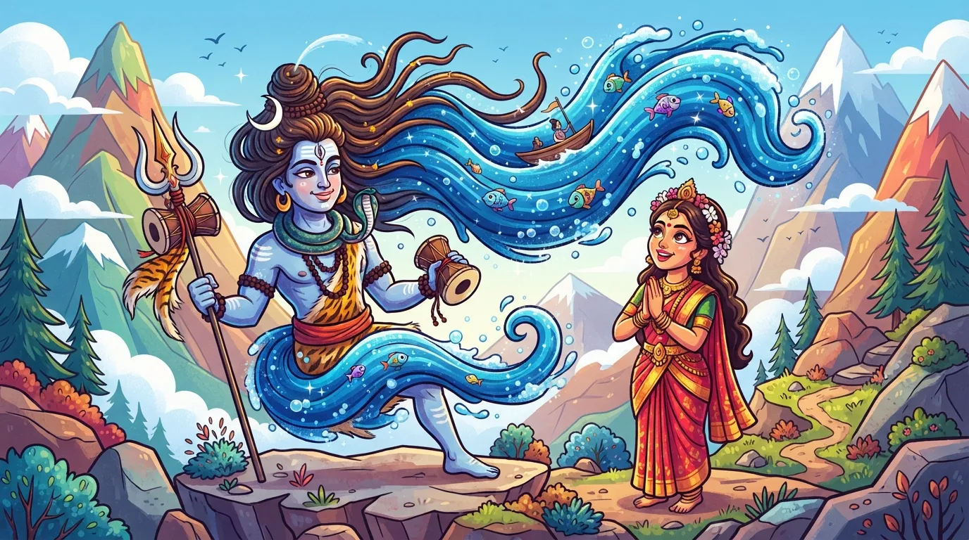 A colorful cartoon depiction of Lord Shiva catching the river Ganga in his matted hair, with Goddess Parvati looking on supportively. This highlights the legendary act of compassion.