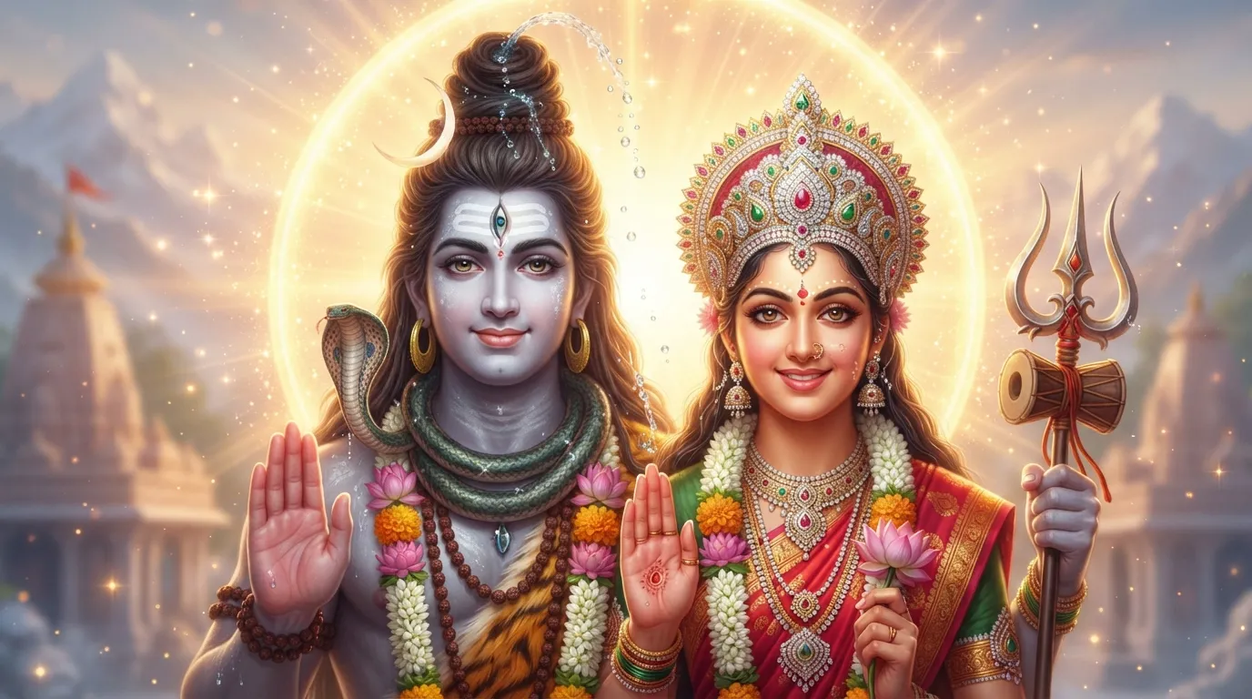 Lord Shiva and Parvati with hands raised in blessing mudra radiating positive energy.