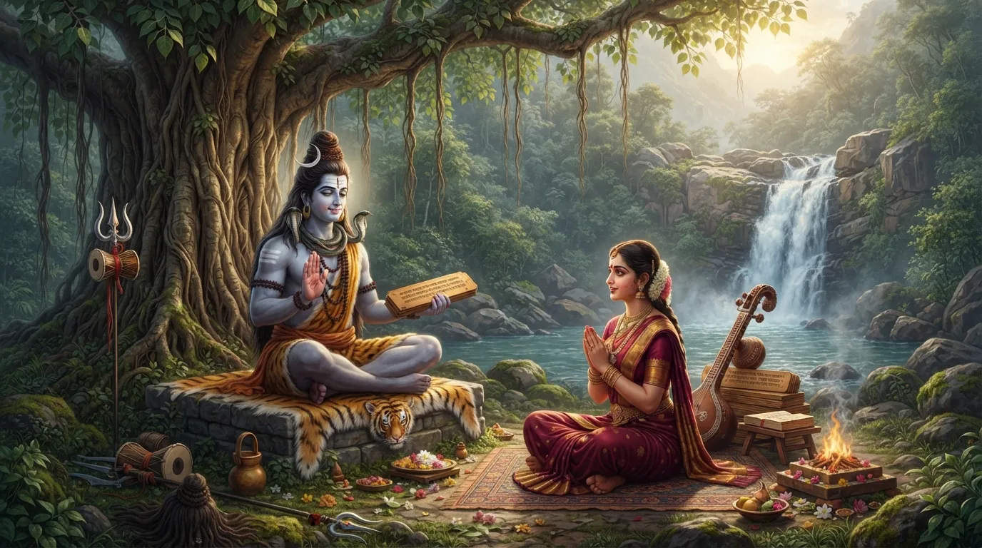 Inspiring image of Lord Shiva teaching sacred knowledge (Agama texts) to Goddess Parvati, with a focus on wisdom.
