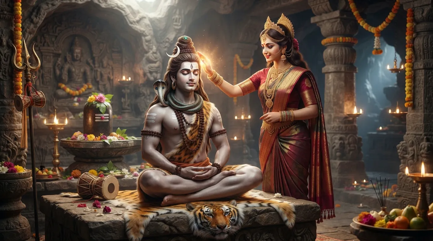 A peaceful image of Shiv and Parvati in a healing posture. Parvati is seen placing her hand on Shiv's head, representing her healing power. This image is a perfect representation of the role of divine love in healing.