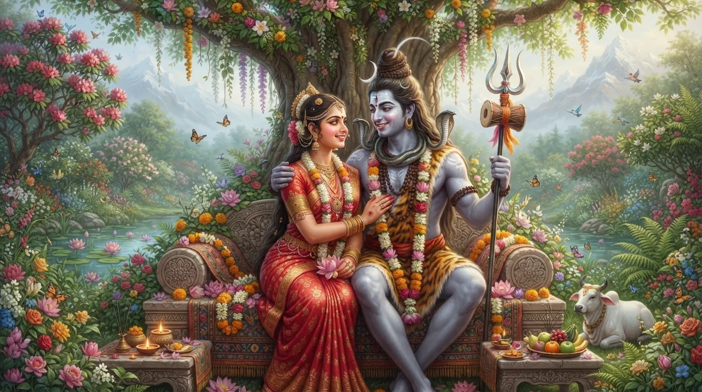 An enchanting image of Shiv and Parvati looking into each other's eyes, representing the divine love between them. They are depicted in a lush garden, with flowers and trees surrounding them.