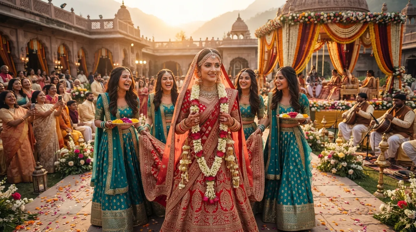 Shiv Parvati Marriage Images: Parvati in a beautiful lehenga with her bridesmaids