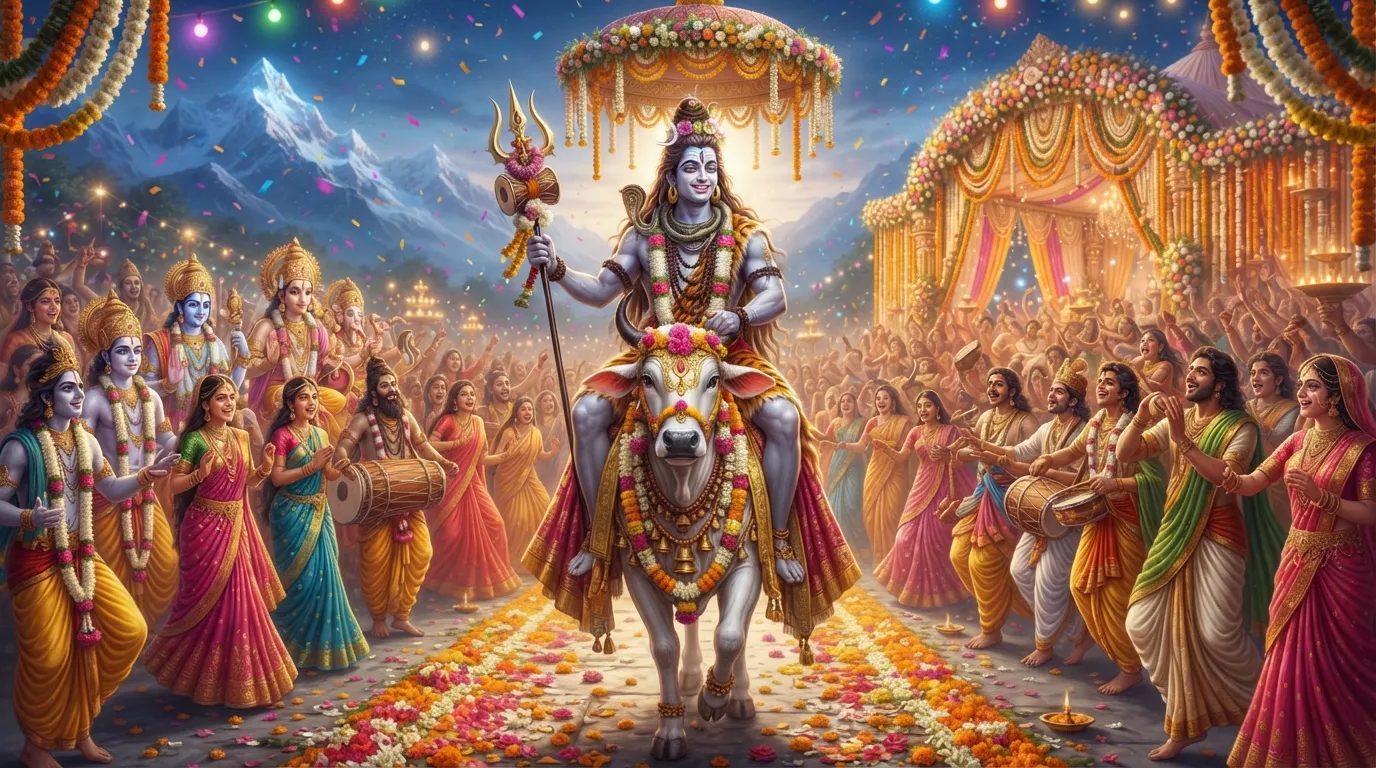 Shiv Parvati Marriage Images: Shiv on a bull with his baraat