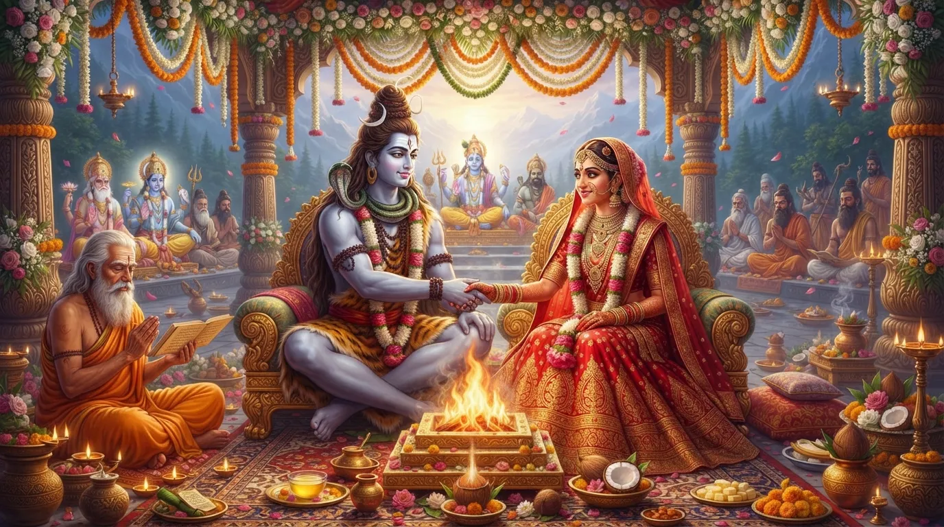 Shiv Parvati Marriage Images: Shiv and Parvati exchanging vows in front of the sacred fire