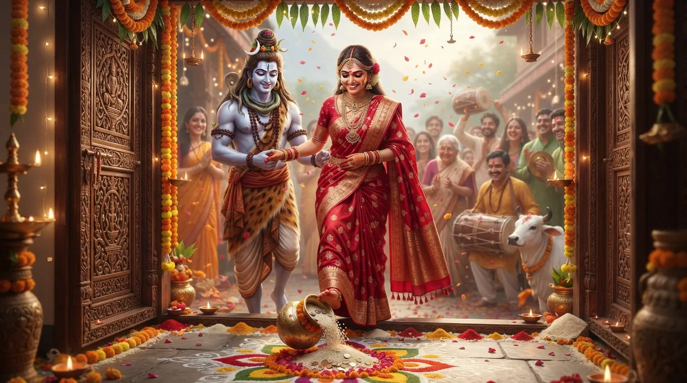 Shiv Parvati Marriage Images: Parvati entering her new home with Shiv