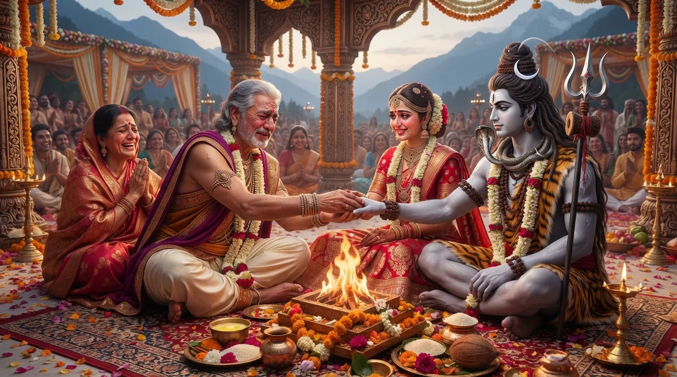 Shiv Parvati Marriage Images: Parvati's father giving her away to Shiv