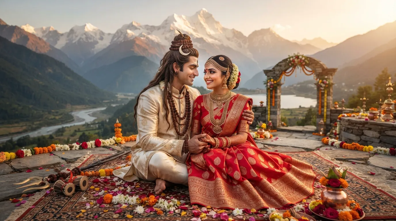 Shiv Parvati Marriage Images: Shiv and Parvati in a beautiful and romantic setting