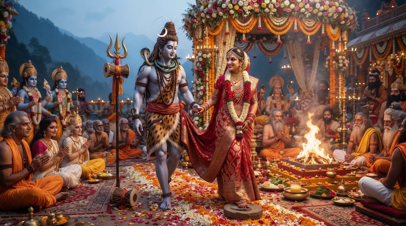 Shiv Parvati Marriage Images: Shiv and Parvati taking the seven steps around the sacred fire
