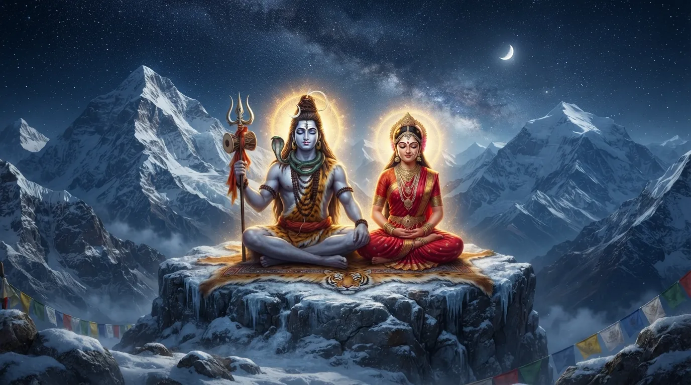 A beautiful HD image of Lord Shiva and Goddess Parvati sitting in peaceful meditation together on a snowy peak of Mount Kailash, with a glowing aura around them.